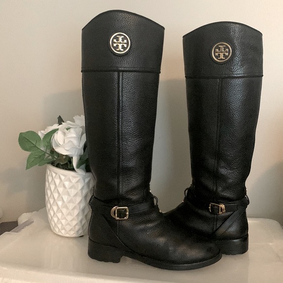 Tory Burch Teresa Logo Black Tumbled/Pebbled Leather Riding Boots - Picture 7 of 15